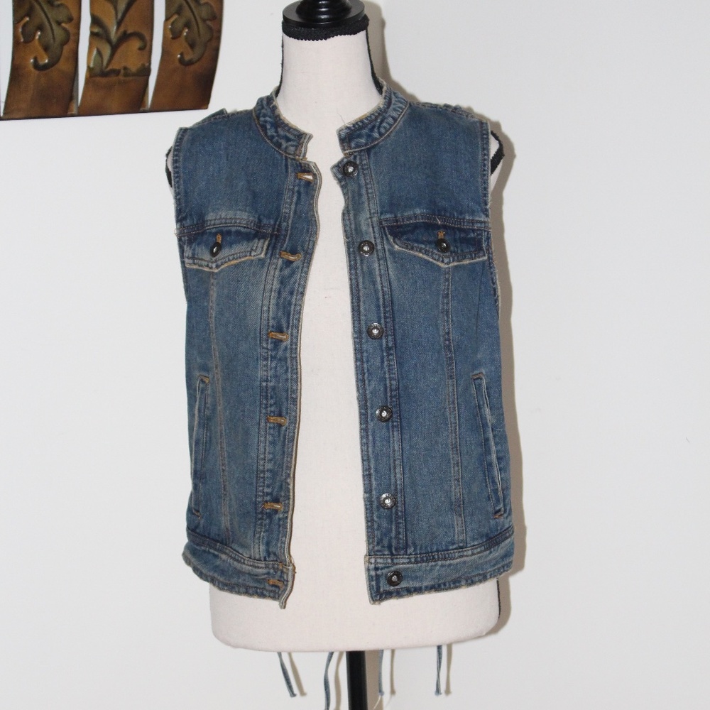 Free People, denim Vest laces up the back and collarless, distressed ......